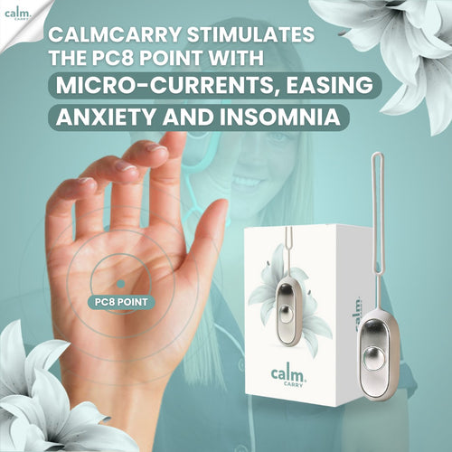 Hand pointing to the PC8 / Lao Gong point for anxiety relief, next to CalmCarry device with headline 'CalmCarry eases anxiety & insomnia through PC8 stimulation with micro-current therapy.