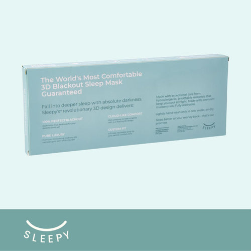 Back of Glowco Sleepy Sleep Mask packaging box displaying product features, usage instructions, and care details for optimal sleep experience.