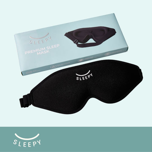 Black Sleepy Sleep Mask by Glowco displayed with branded packaging box for comfortable, uninterrupted sleep.