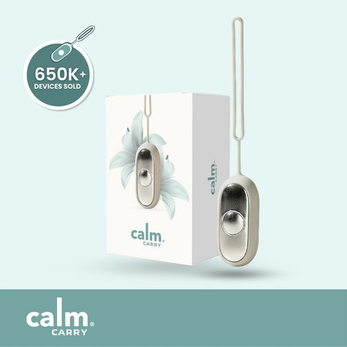 Grey CalmCarry device packaging with '650K+ devices sold' badge on a light blue background